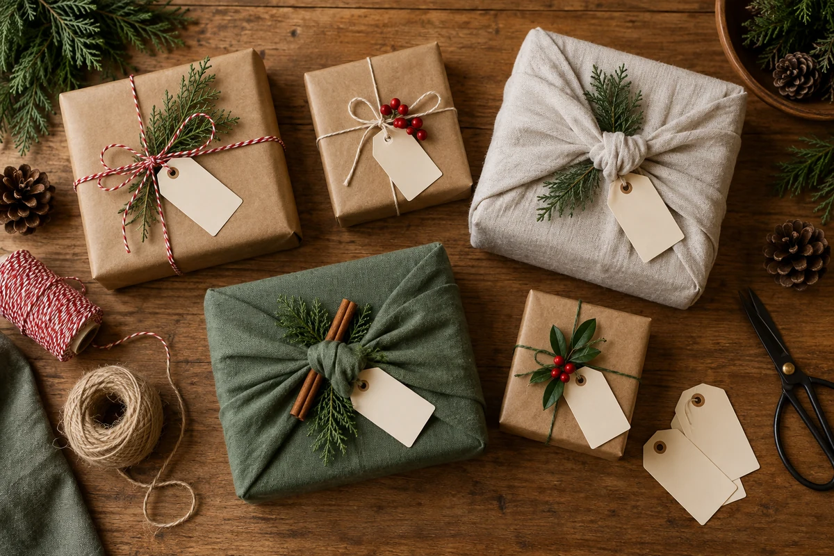 Wrapped Christmas presents with blank gift tags