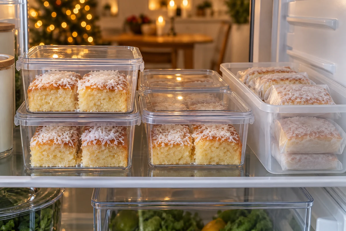 Wrapped coconut cake portions in the fridge Wrapped coconut cake portions in the fridge