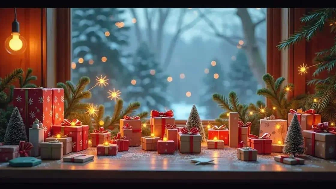 Wrapped gifts and craft materials on a table