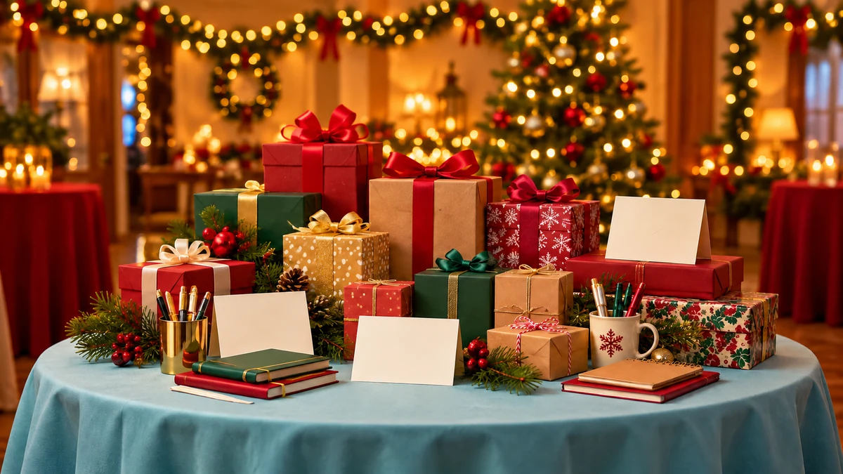 Wrapped gifts and plain greeting cards arranged on a festive table Wrapped gifts and plain greeting cards arranged on a festive table