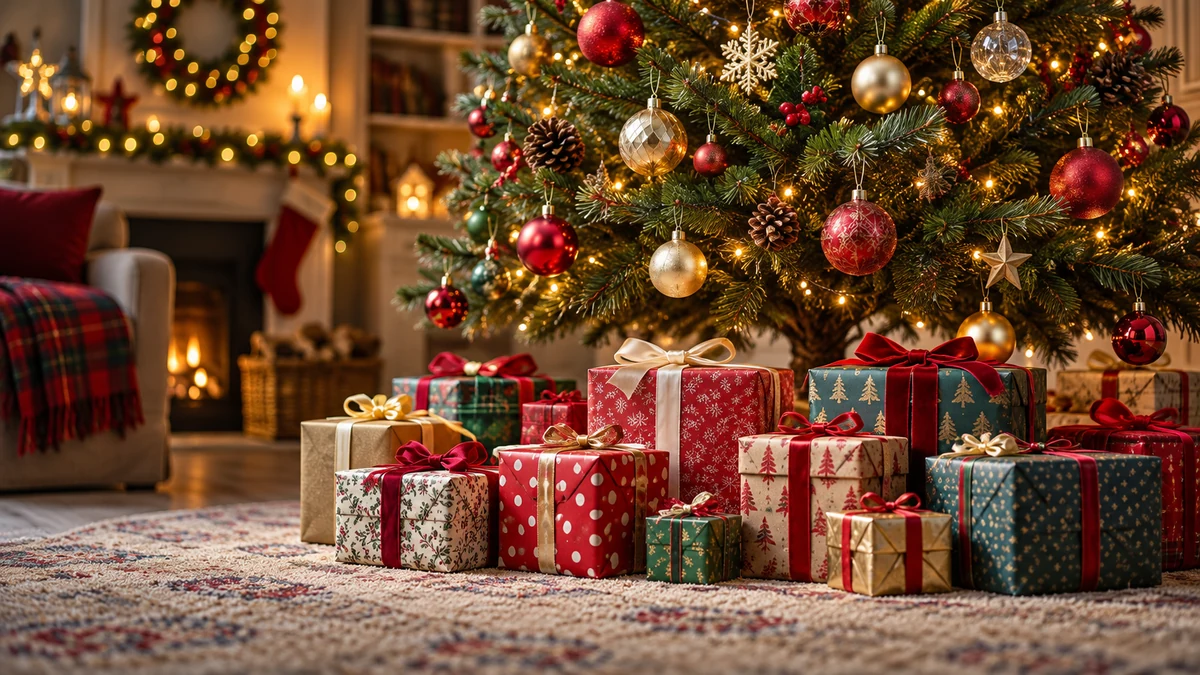 Wrapped gifts beneath a Christmas tree