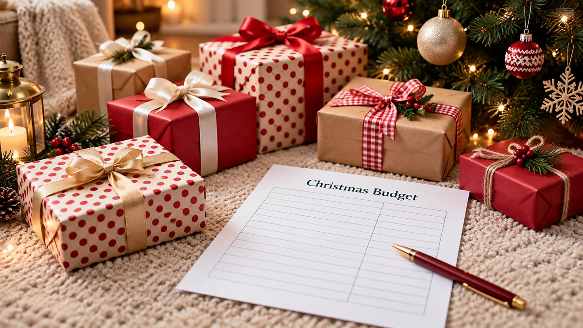 Wrapped gifts beside a Christmas Budget worksheet