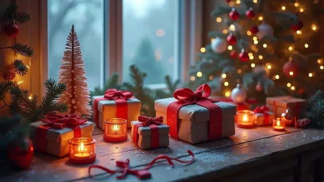 Wrapped gifts beside candles