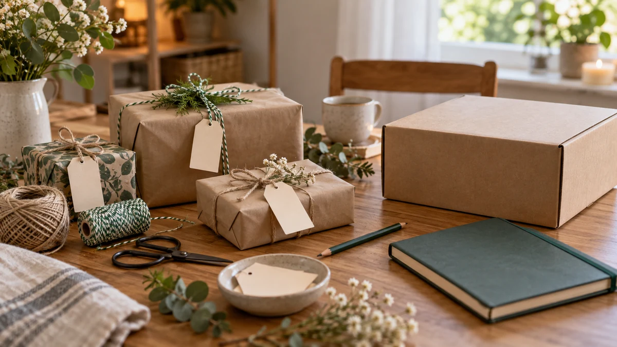 Wrapped parcels and packing supplies for Christmas gifts