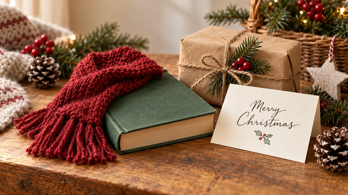 Wrapped present with a scarf and a Merry Christmas card