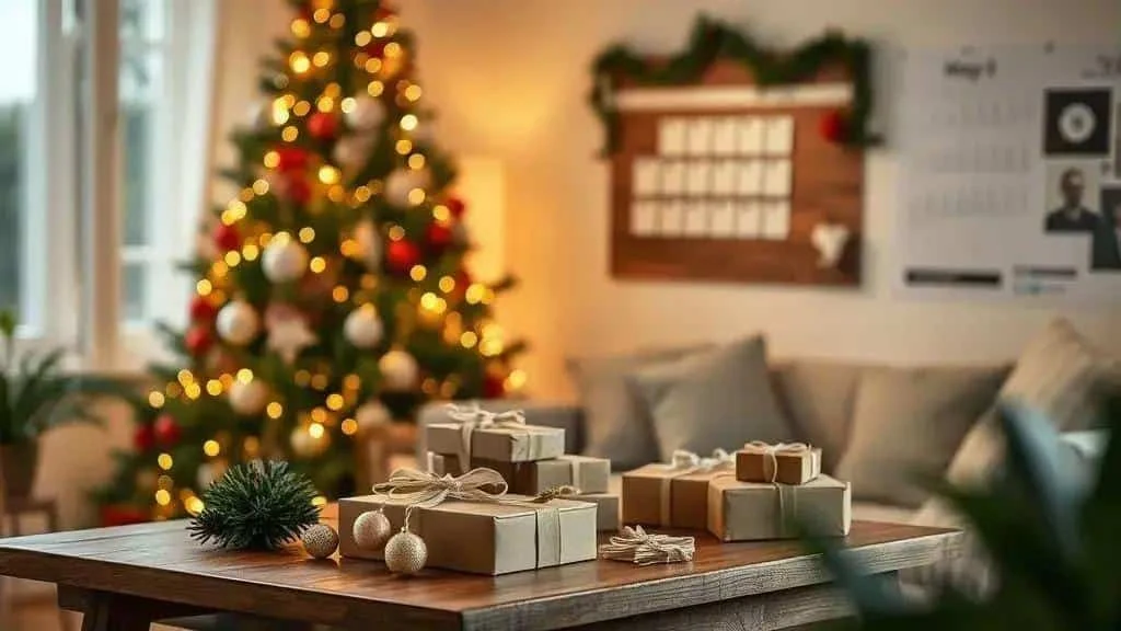 Wrapped presents on a table beside a Christmas tree