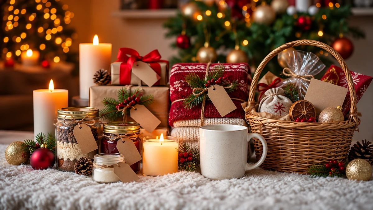 Wrapped presents with plain gift labels beside a Christmas tree