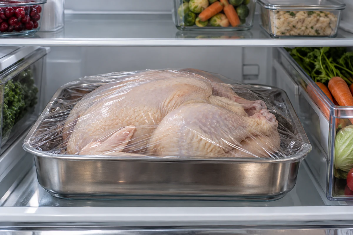 Wrapped raw chicken on the bottom shelf of a fridge