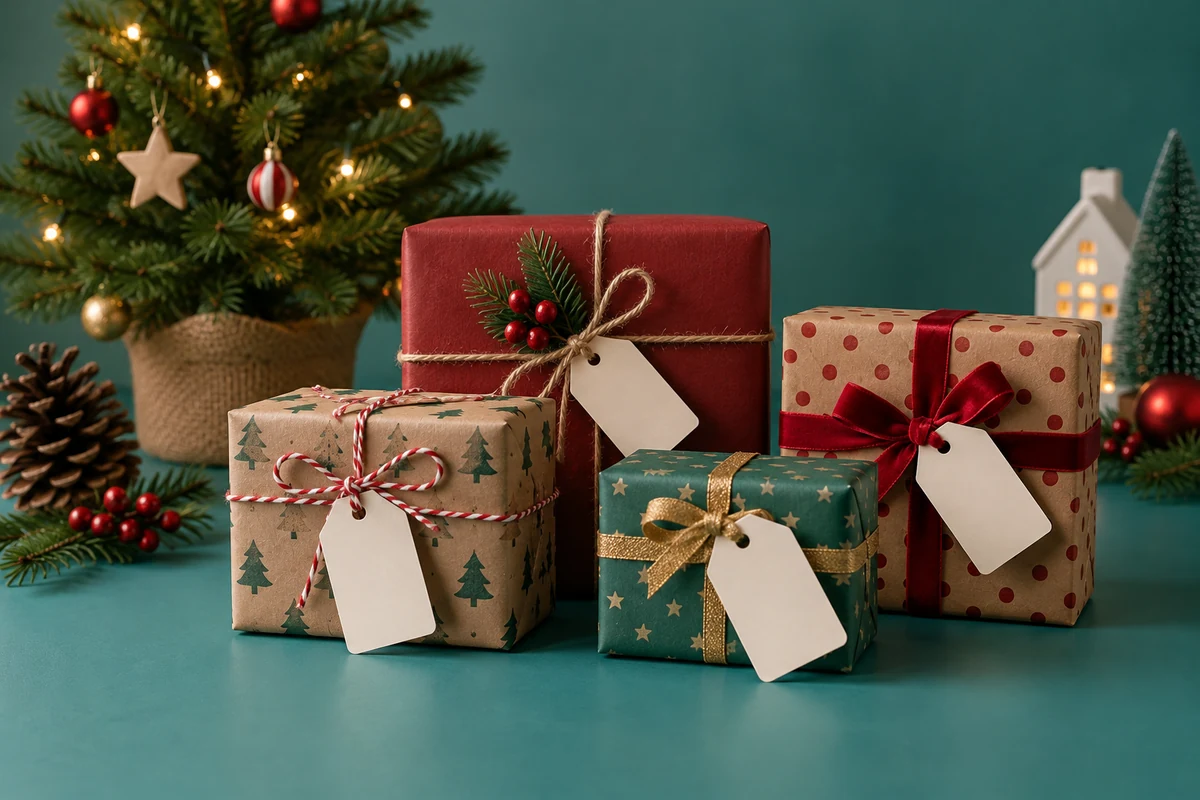 Wrapped Secret Santa gifts with blank tags