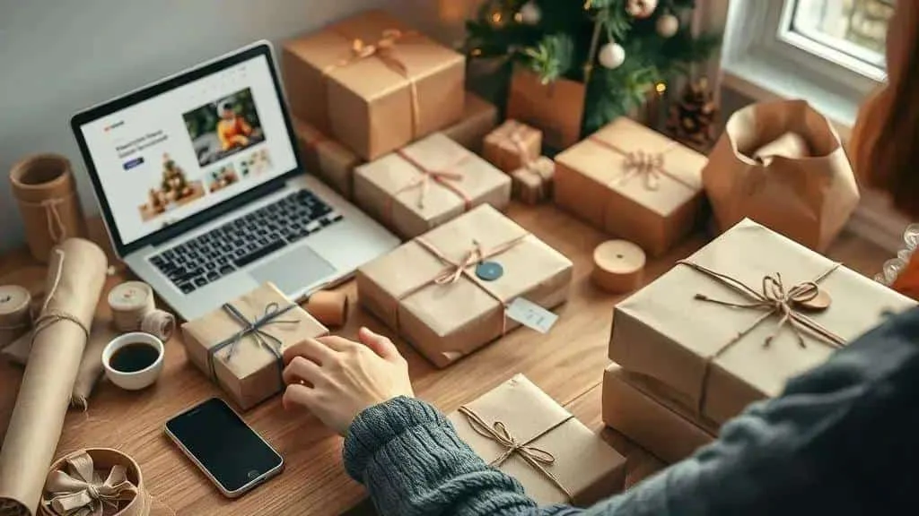 Wrapping Christmas presents beside online shopping equipment