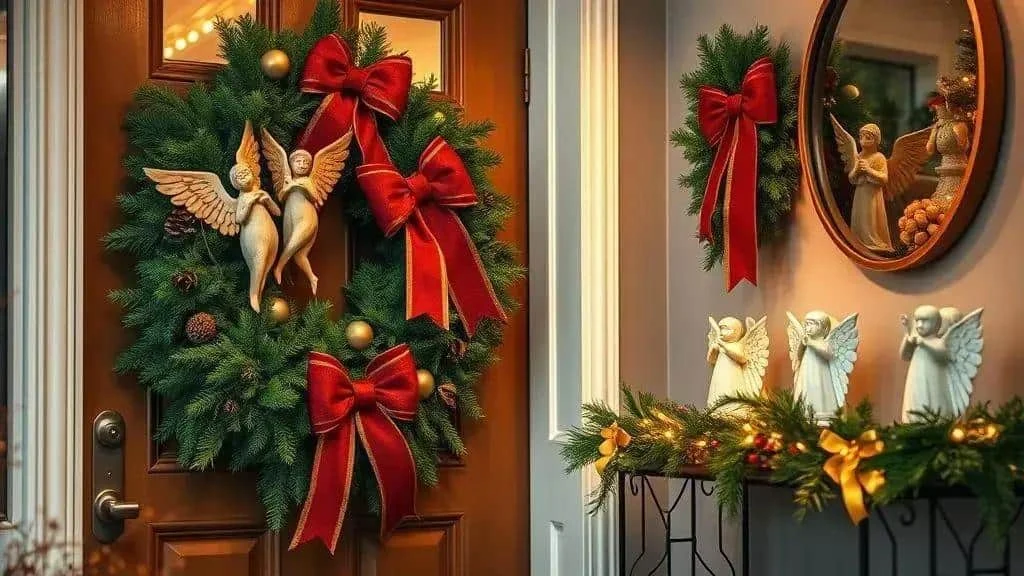 Wreath and angel ornaments arranged in a festive hallway