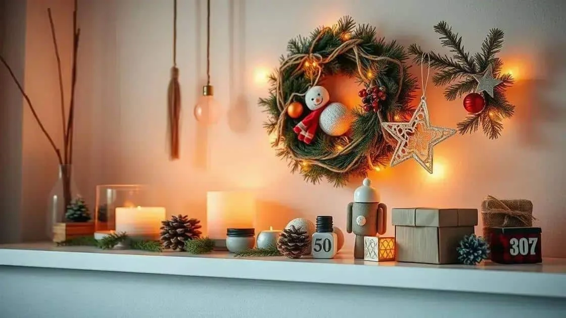 Wreath and ornaments arranged on a shelf