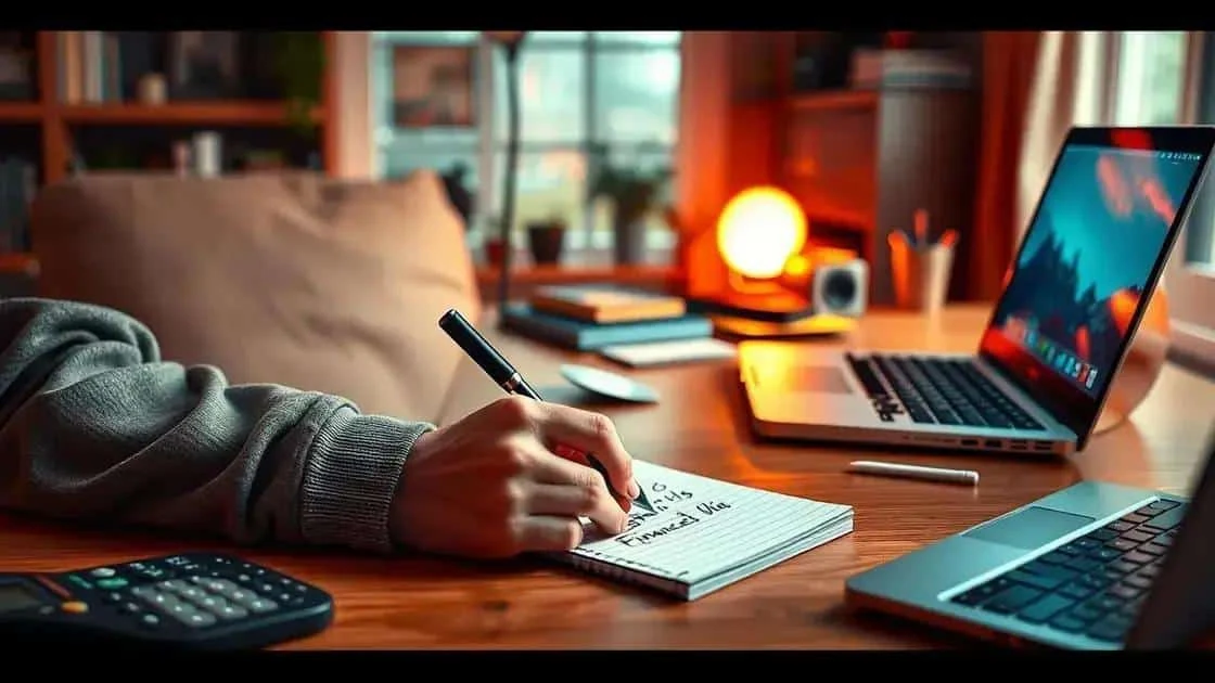 Writing down a financial goal in a notebook