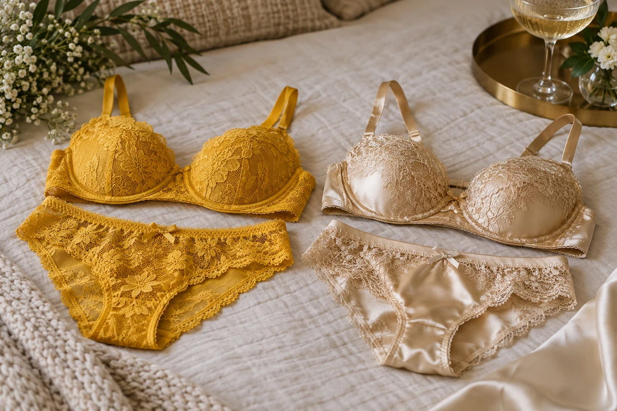 Yellow and gold lingerie sets on a neutral bedcover