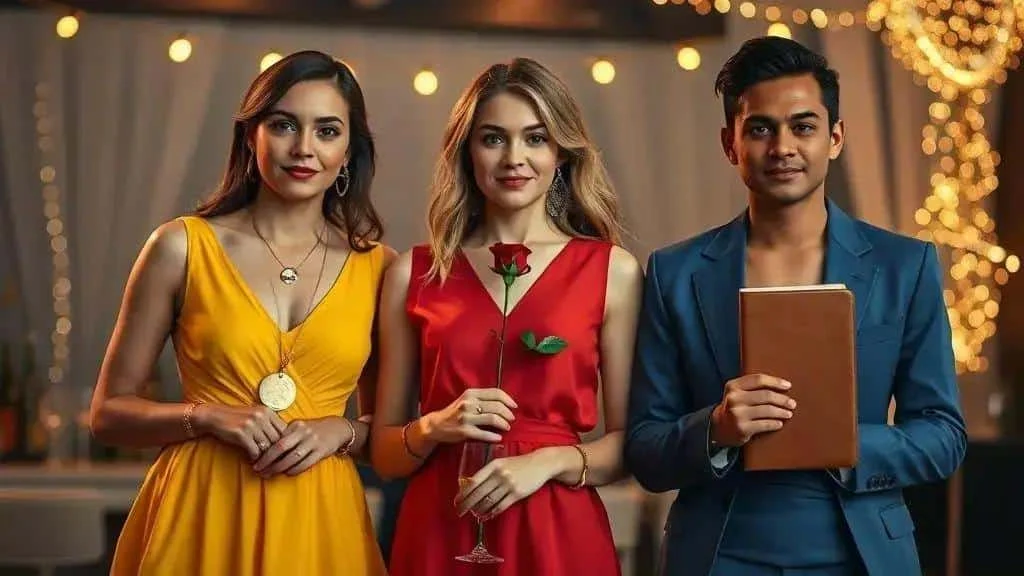 Yellow red and blue outfits illustrating New Year colour symbolism Yellow red and blue outfits illustrating New Year colour symbolism
