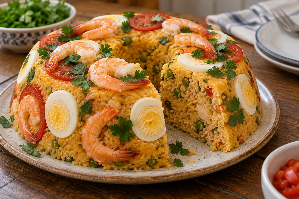 Yellow seafood cuscuz ring with eggs and vegetables