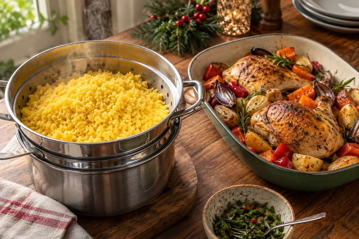 Yellow steamed Brazilian corn cuscuz in a steamer insert beside separately cooked chicken and vegetables Yellow steamed Brazilian corn cuscuz in a steamer insert beside separately cooked chicken and vegetables
