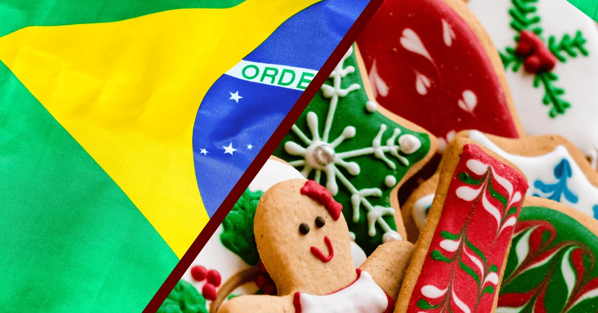 Drapeau brésilien à côté de biscuits de Noël décorés