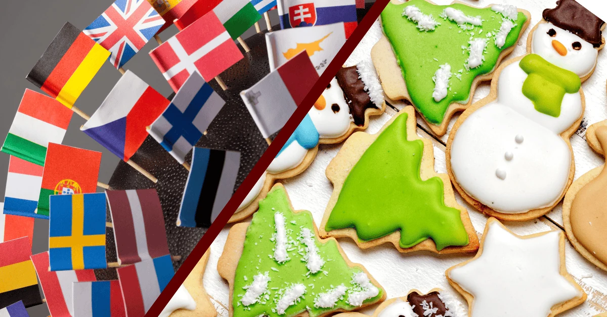 Drapeaux de plusieurs pays à côté de biscuits de Noël