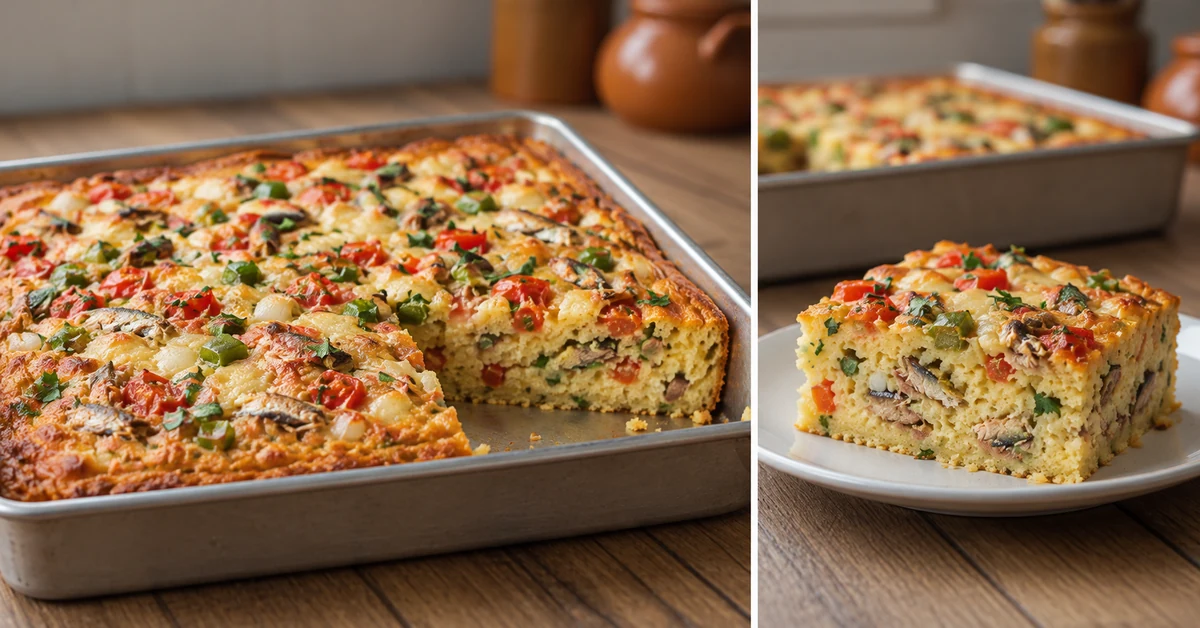 Gâteau salé brésilien aux sardines et aux légumes, entier et servi en part