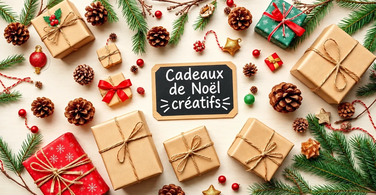 Ardoise « Cadeaux de Noël créatifs » entourée de paquets et de décorations