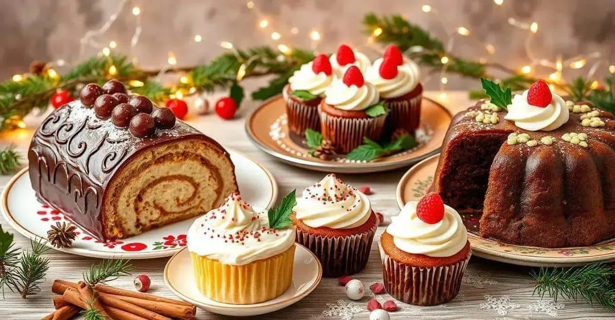 Illustration d’un assortiment de gâteaux décorés et de cupcakes de Noël