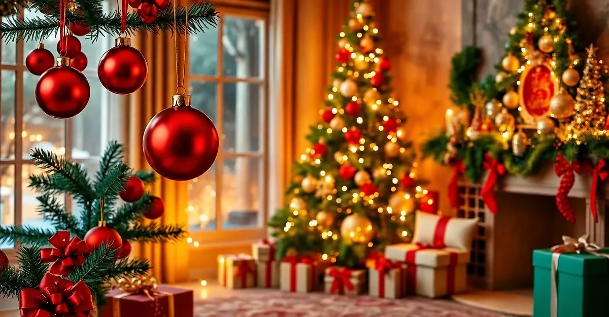 Boules rouges au premier plan et sapin illuminé dans un salon