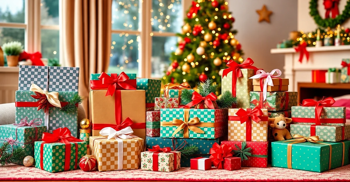 Cadeaux emballés au pied d’un sapin décoré