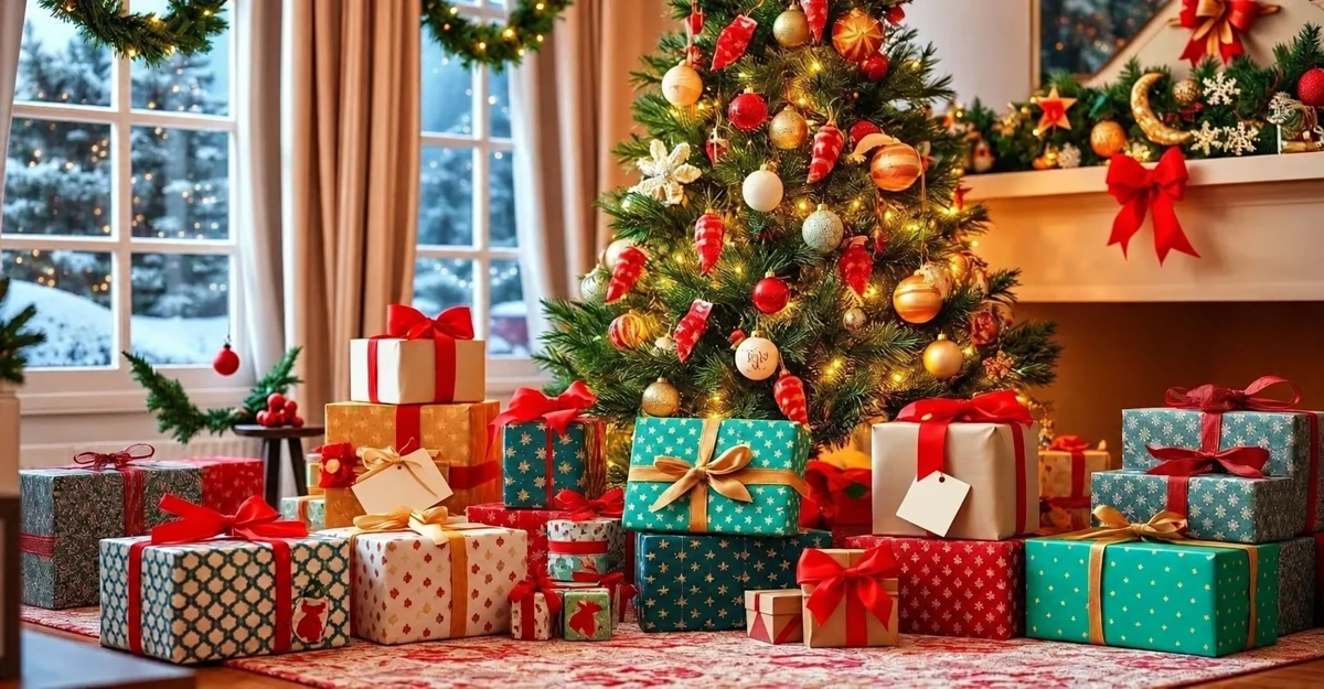 Paquets cadeaux au pied d’un sapin de Noël