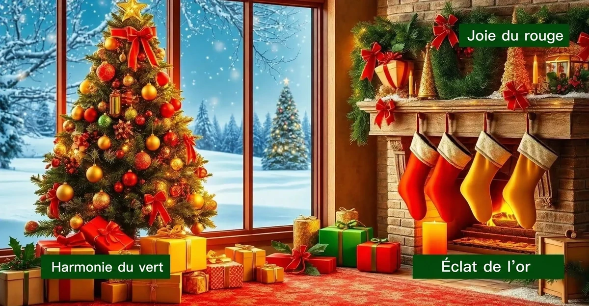 Palette rouge, verte et dorée illustrée dans un salon de Noël