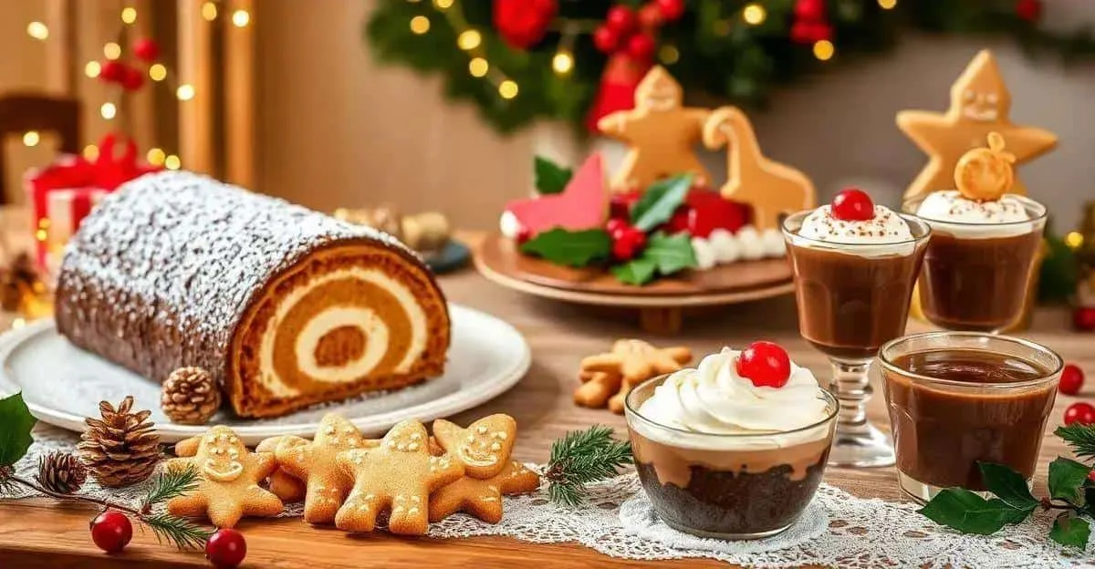 Illustration de desserts au chocolat, d’un gâteau roulé et de biscuits de Noël Illustration de desserts au chocolat, d’un gâteau roulé et de biscuits de Noël