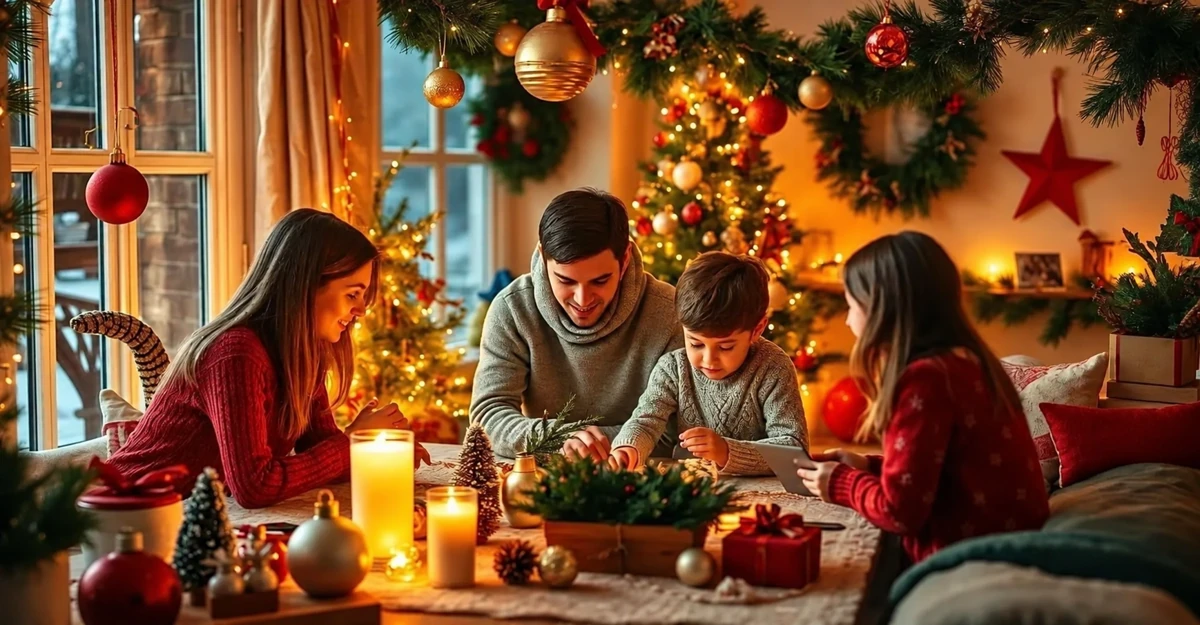 Une famille partage une activité créative dans un salon décoré pour Noël