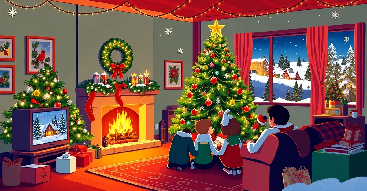 Illustration d’une famille regardant une scène de Noël à la télévision Illustration d’une famille regardant une scène de Noël à la télévision