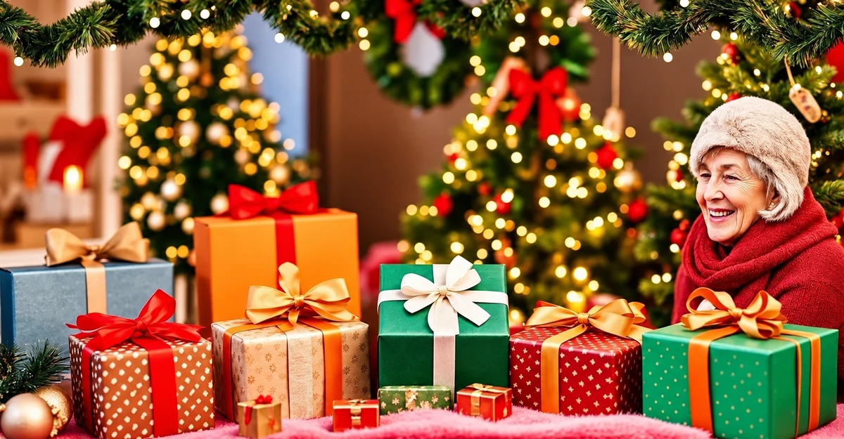Une femme près de cadeaux de Noël emballés