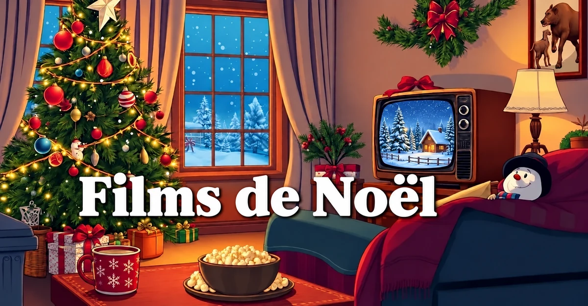 Illustration d’un salon avec un téléviseur et le titre « Films de Noël »