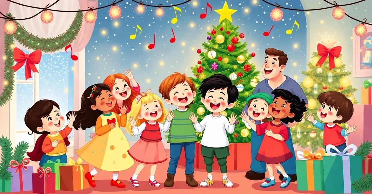 Illustration d’enfants partageant un moment musical de Noël