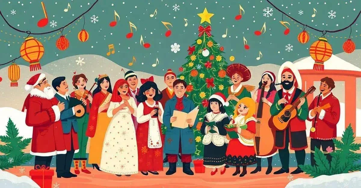 Illustration imaginaire d’un groupe chantant Noël dans des tenues variées Illustration imaginaire d’un groupe chantant Noël dans des tenues variées