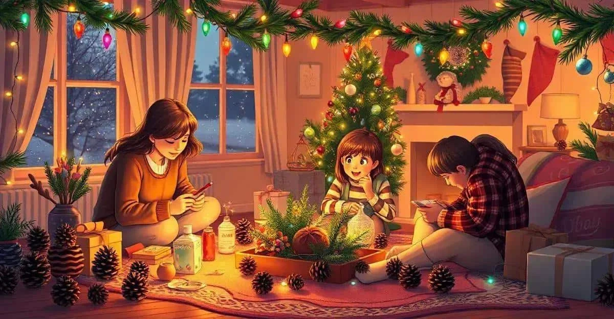 Illustration d’une famille fabriquant ses décorations de Noël