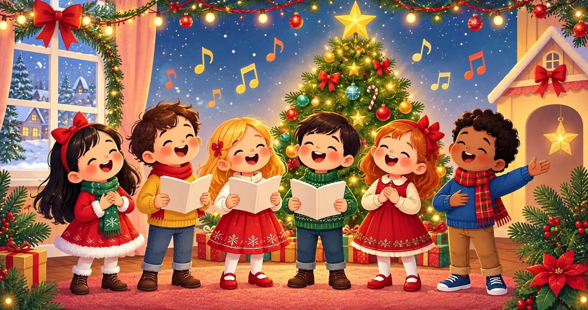 Illustration d’enfants qui chantent et bougent près du sapin