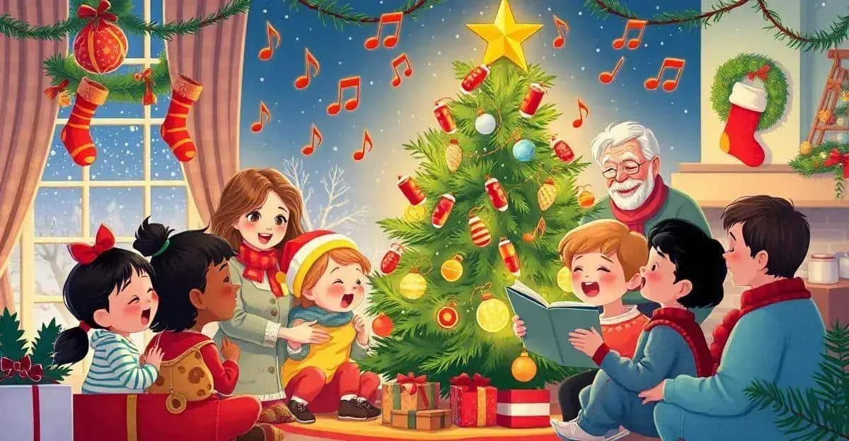 Illustration d’une famille réunie pour chanter à Noël