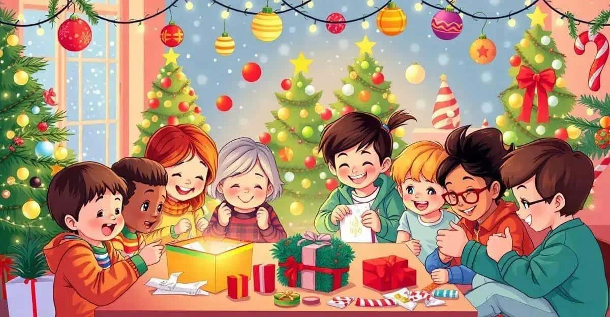 Illustration d’enfants partageant des cadeaux à une table de Noël