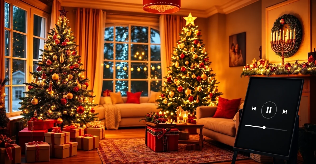Écran de lecteur musical dans un salon illuminé pour Noël Écran de lecteur musical dans un salon illuminé pour Noël