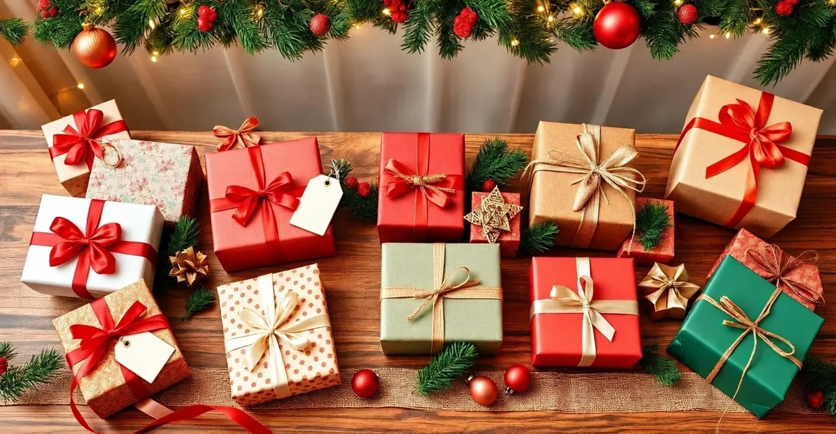 Paquets cadeaux ornés de rubans sur une table en bois