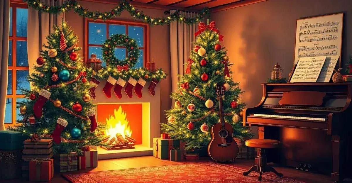 Piano et guitare dans un salon décoré pour Noël Piano et guitare dans un salon décoré pour Noël