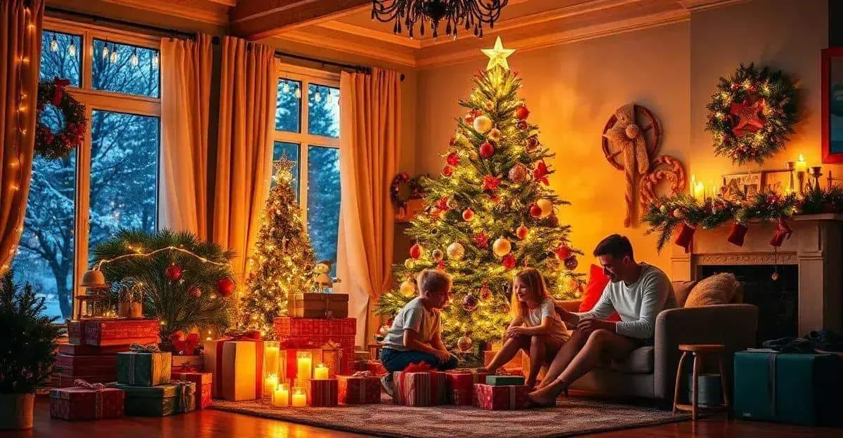 Un salon illuminé autour du sapin et des cadeaux de Noël