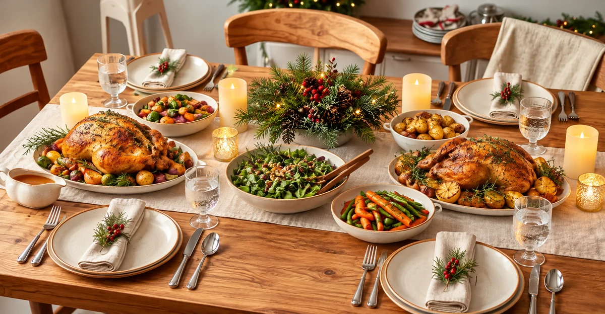 Une table de fête garnie de plats et d’un centre de table végétal Une table de fête garnie de plats et d’un centre de table végétal