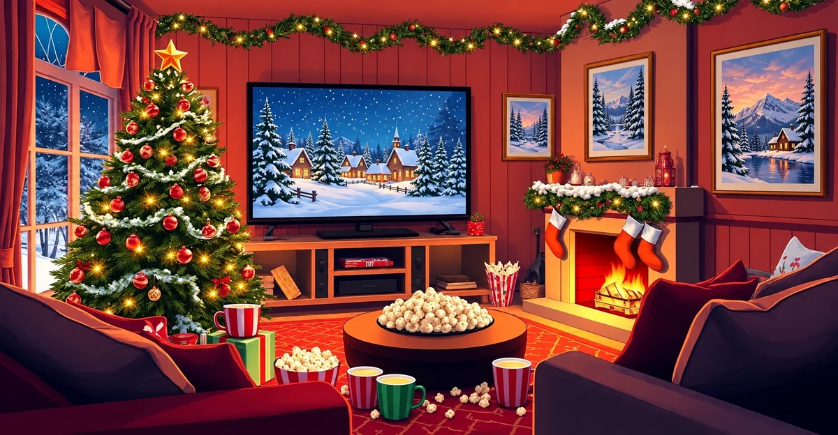 Téléviseur montrant un paysage hivernal dans un décor de Noël Téléviseur montrant un paysage hivernal dans un décor de Noël