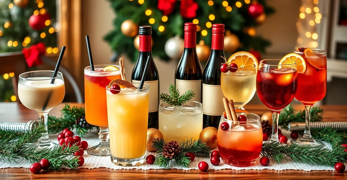 Boissons et bouteilles sans marque sur une table festive de Noël