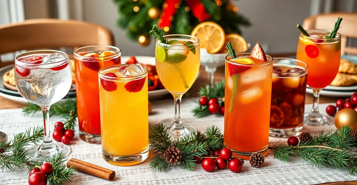 Boissons garnies de fruits, d’agrumes et d’herbes dans un décor de Noël Boissons garnies de fruits, d’agrumes et d’herbes dans un décor de Noël