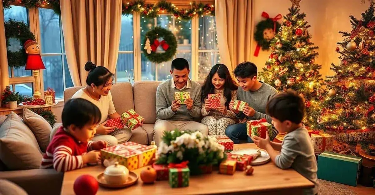 Enfants et adultes découvrent leurs cadeaux près du sapin Enfants et adultes découvrent leurs cadeaux près du sapin